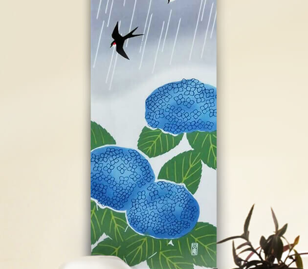 手ぬぐい「紫陽花につばめ」梅雨
