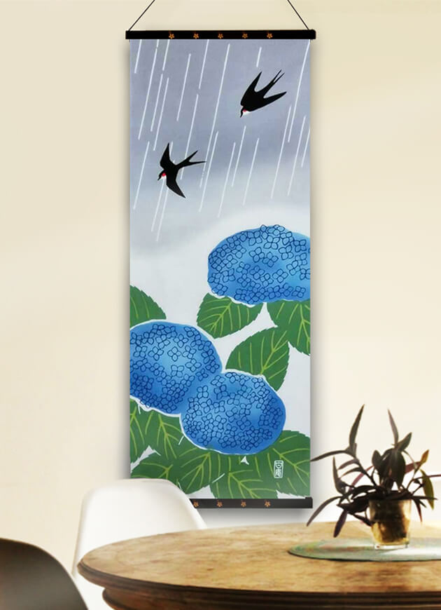 手ぬぐい「紫陽花につばめ」梅雨