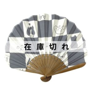 手ぬぐい扇子「ネコ市松(グレー)」