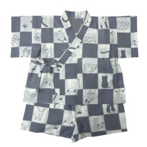 手ぬぐい赤ちゃん甚平「ネコ市松(グレー)」