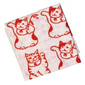 手ぬぐいハンカチ「招き猫いっぱい（赤）」